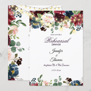 Burgundy & Blue English Flowers Rehearsal Dinner Invitation