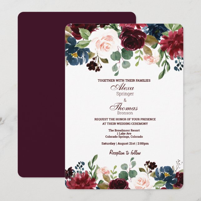 Burgundy & Blue English Flowers Wedding Invitation (Front/Back)