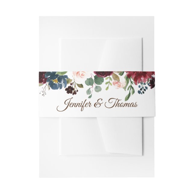 Burgundy & Blue English Flowers Wedding Invitation Belly Band (Front Example)