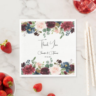 Burgundy & Blue English Flowers Wedding Napkin