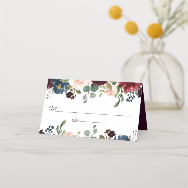 Burgundy & Blue English Flowers Wedding Place Card (Front)
