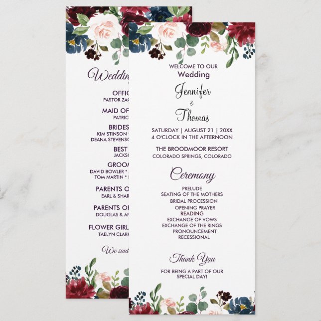 Burgundy & Blue English Flowers Wedding Programme (Front/Back)