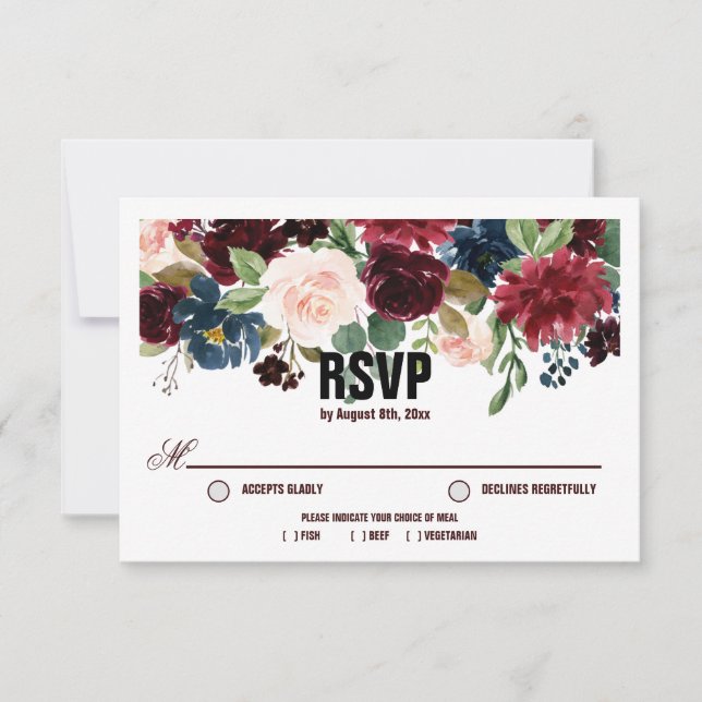 Burgundy & Blue English Flowers Wedding RSVP Card (Front)
