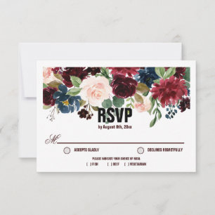 Burgundy & Blue English Flowers Wedding RSVP Card