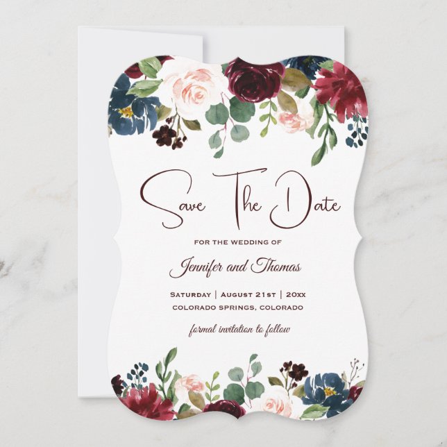 Burgundy & Blue English Flowers Wedding Save The Date (Front)