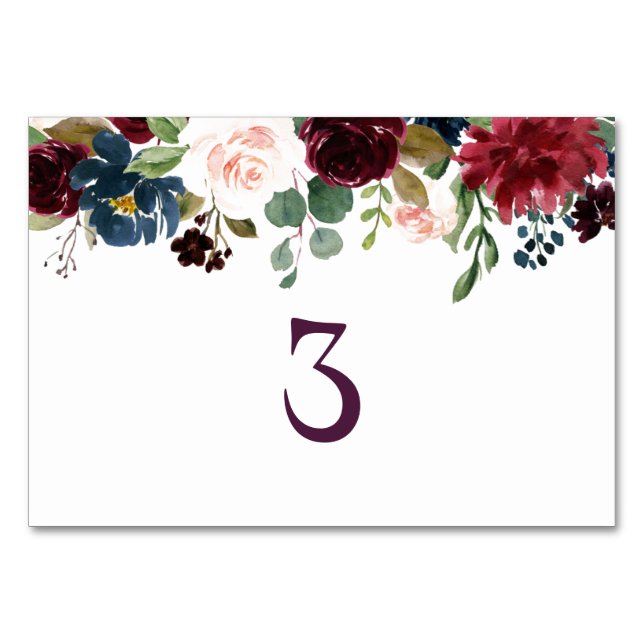 Burgundy & Blue English Flowers Wedding Table Number (Front)