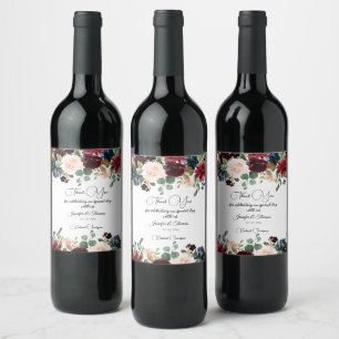 Burgundy & Blue English Flowers Wedding Wine Label