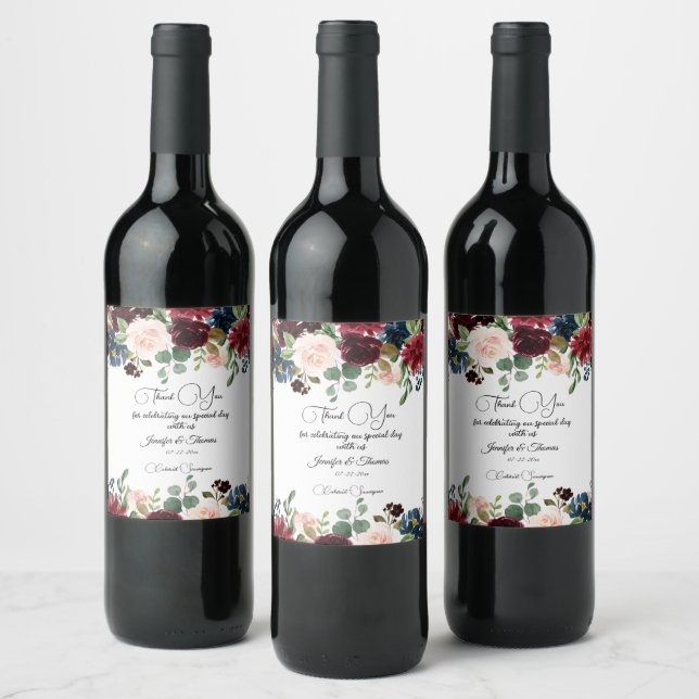 Burgundy & Blue English Flowers Wedding Wine Label (Bottles)