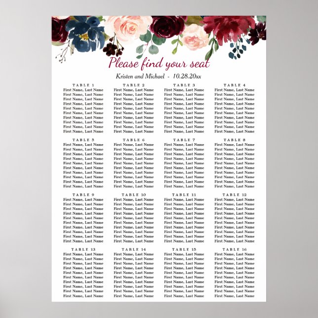Burgundy Blue Floral 16 tables Seating Chart (Front)