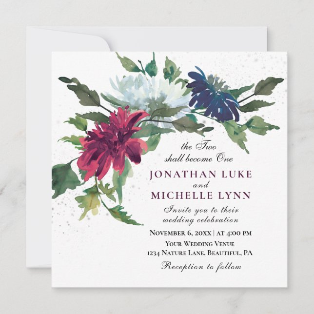 Burgundy Blue Floral All in One Christian Wedding Invitation (Front)