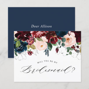 burgundy blue floral bridesmaid proposal card