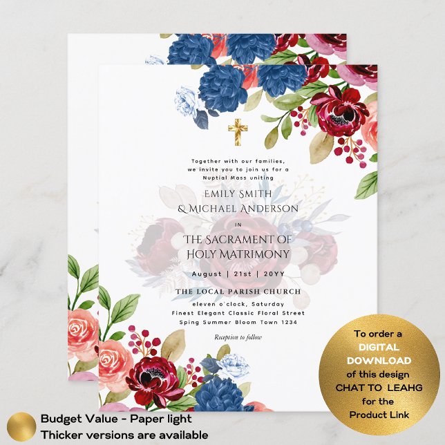 Burgundy Blue Floral Catholic Nuptial Mass Wedding Flyer (Creator Uploaded)