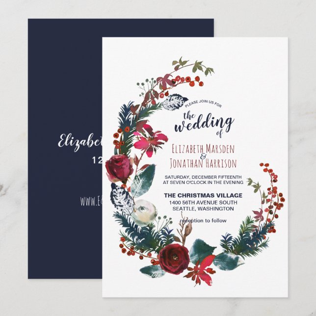 Burgundy Blue Floral Christmas Greenery Wedding Invitation (Front/Back)