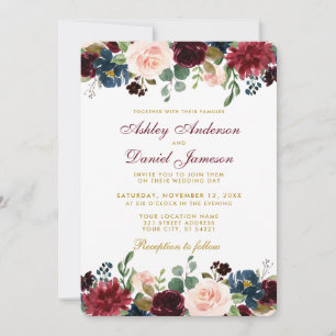 Burgundy Blue Floral Elegant Wedding Gold W Invitation