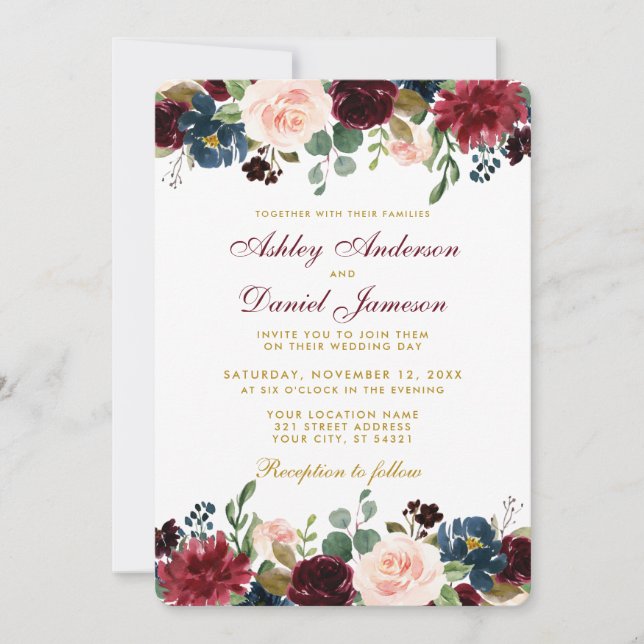 Burgundy Blue Floral Elegant Wedding Gold W Invitation (Front)
