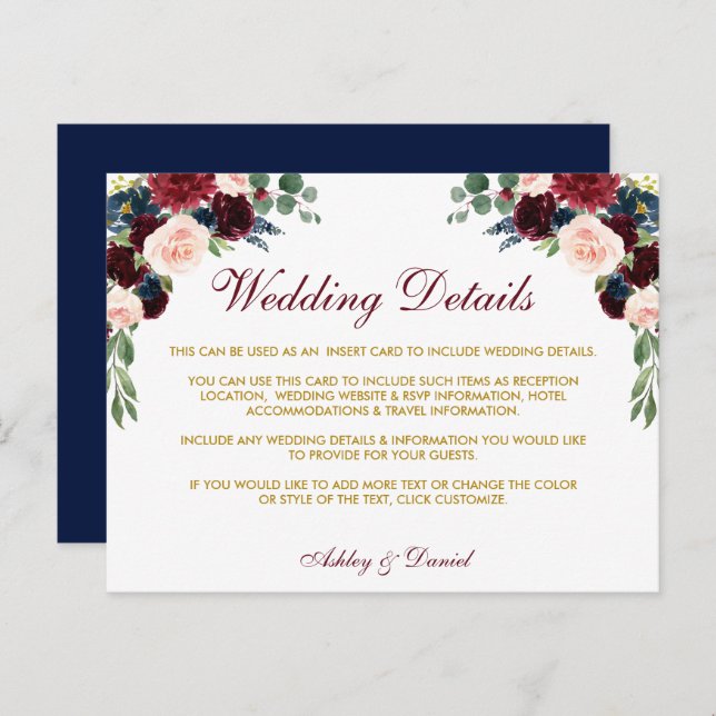 Burgundy Blue Floral Fold Wedding Details Card (Front/Back)