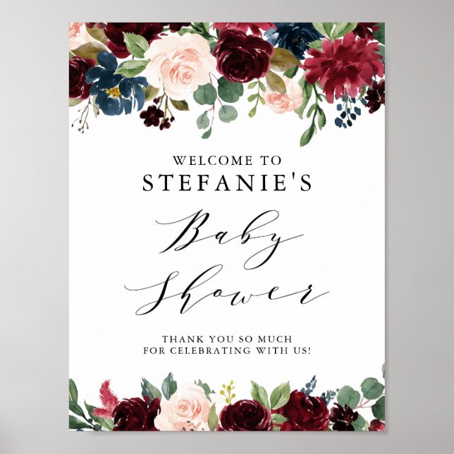 Burgundy & Blue Floral Garland Baby Shower Welcome Poster (Front)