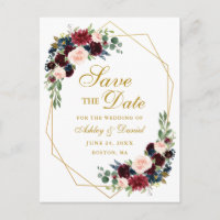 Burgundy Blue Floral Gold Frame Save the Date