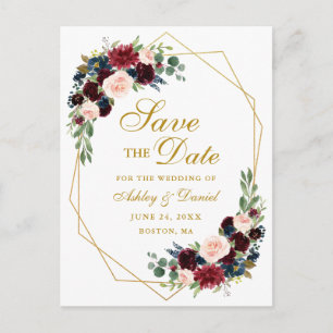 Burgundy Blue Floral Gold Frame Save the Date Announcement Postcard