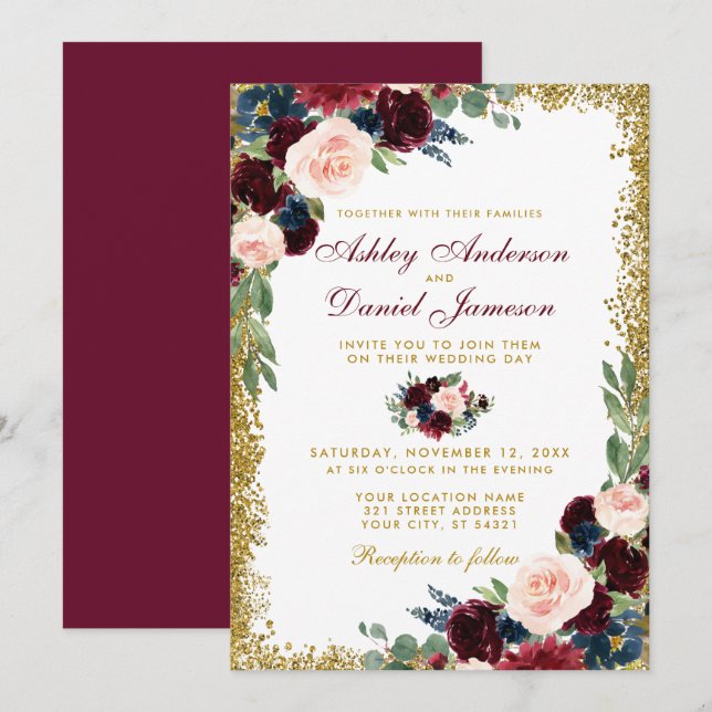 Burgundy Blue Floral Gold Glitter Wedding Invitation (Front/Back)