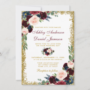 Burgundy Blue Floral Gold Glitter Wedding W Invitation