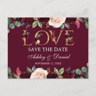 Burgundy Blue Floral Gold Love Save The Date Announcement Postcard