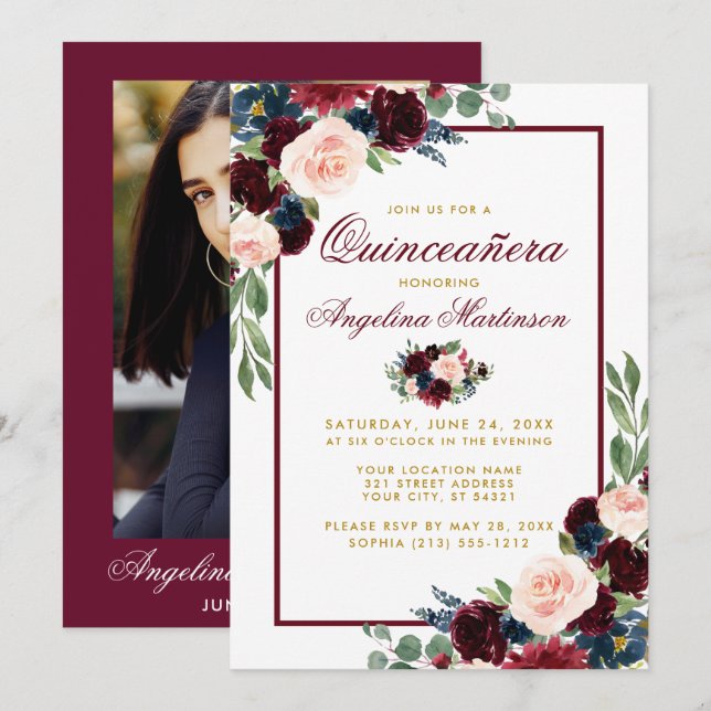 Burgundy Blue Floral Gold Quinceanera Photo Invitation (Front/Back)