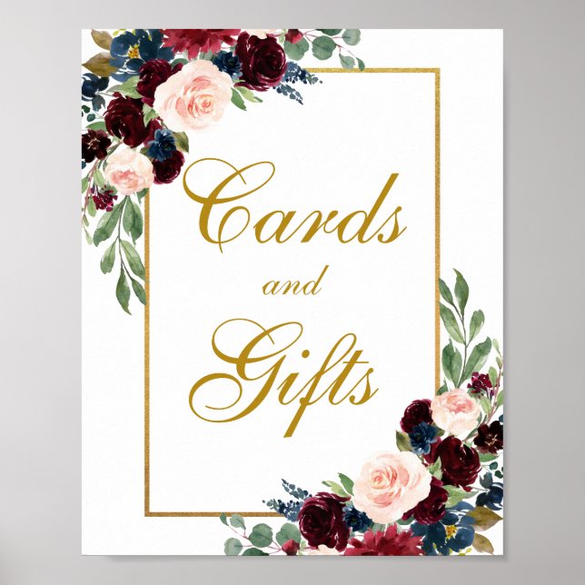 Burgundy Blue Floral Gold Wedding Cards Gifts Poster (Front)