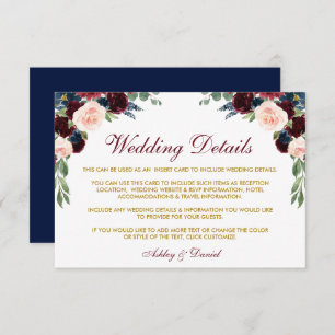 Burgundy Blue Floral Gold Wedding Details Insert