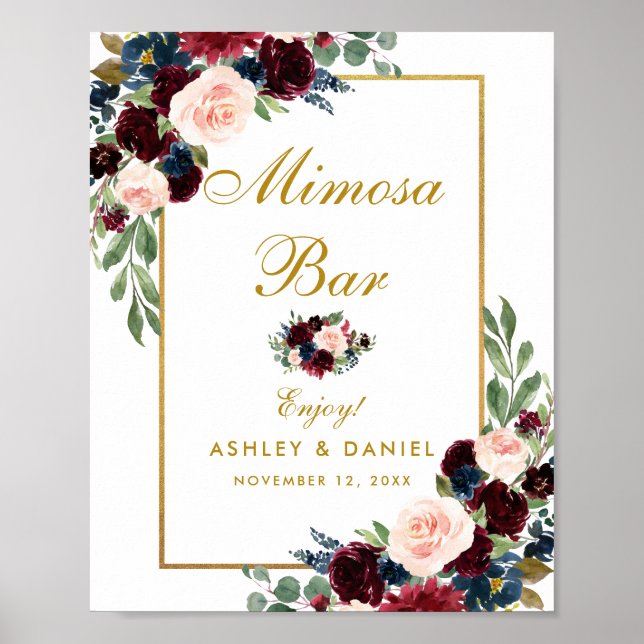 Burgundy Blue Floral Gold Wedding Mimosa Bar Poster (Front)