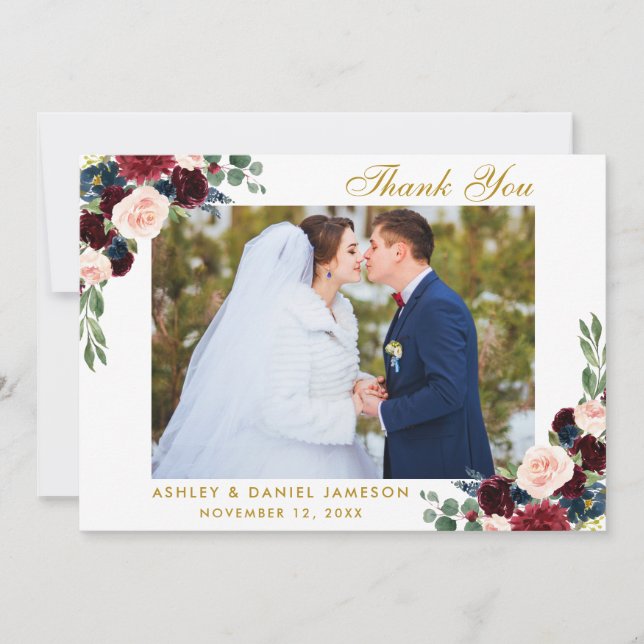 Burgundy Blue Floral Gold Wedding Photo Thank You Card (Front)