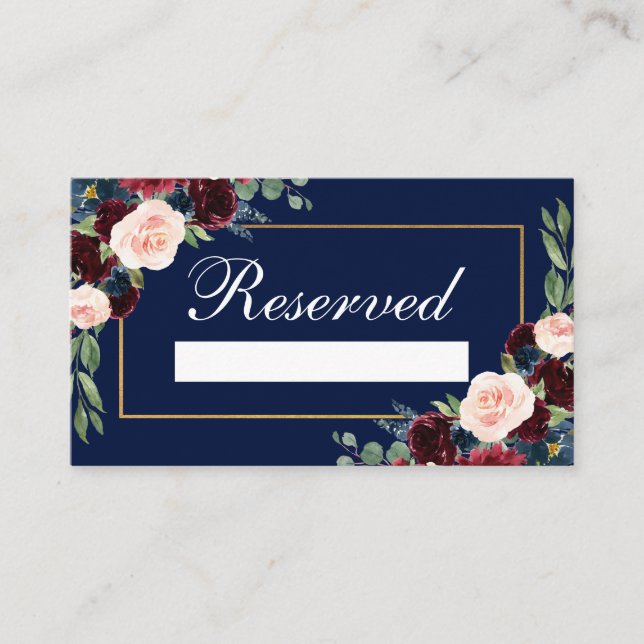 Burgundy Blue Floral Gold Wedding Reserved  Place Card (Front)