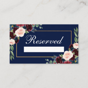Burgundy Blue Floral Gold Wedding Reserved Place Card
