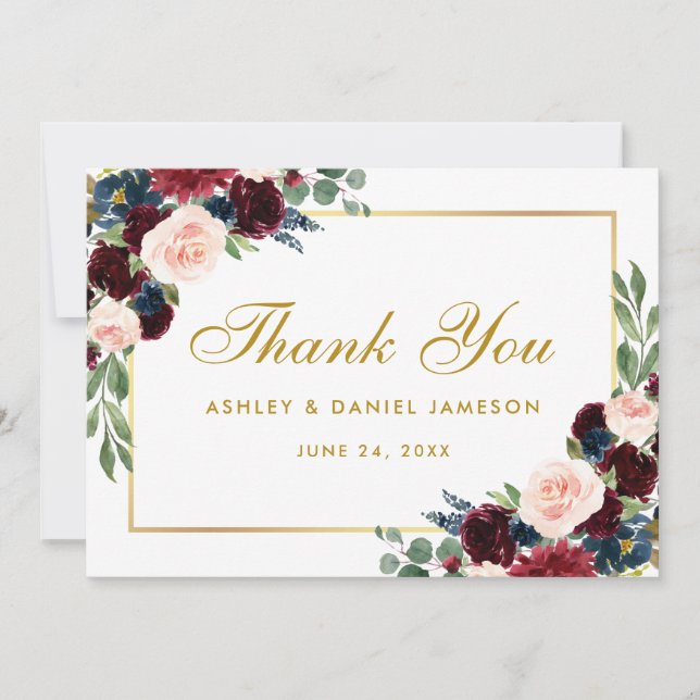 Burgundy Blue Floral Gold Wedding Thanks B Thank You Card (Front)