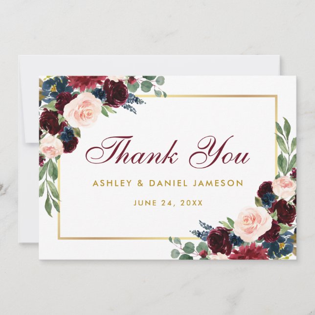 Burgundy Blue Floral Gold Wedding Thanks Thank You Card (Front)