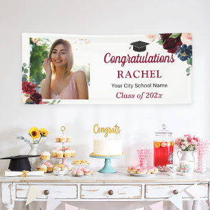 Burgundy Blue Floral Grad Photo Graduation Party Banner
