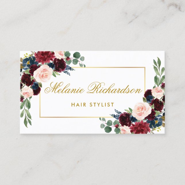 Burgundy Blue Floral Hair Stylist Appointment Card (Front)