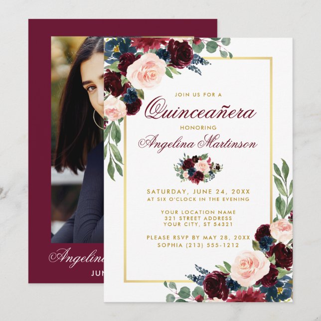 Burgundy Blue Floral Quinceanera Gold Photo Invitation (Front/Back)