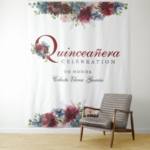 Burgundy Blue Floral Quinceanera Photo Backdrop Tapestry