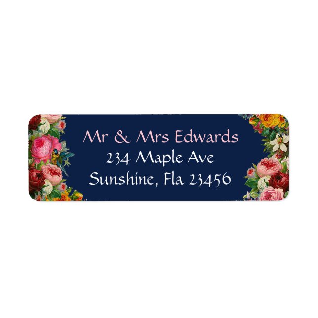 Burgundy Blue Floral Roses Return Address Labels (Front)