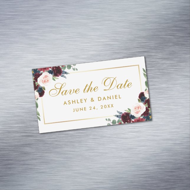 Burgundy Blue Floral Save The Date Mini Magnet (In Situ)