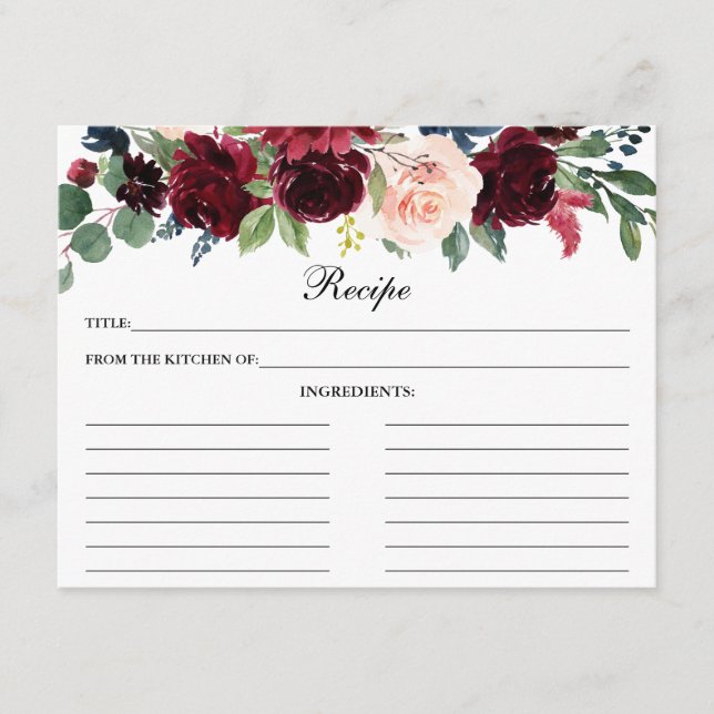 Burgundy Blue Floral Shower Recipe Card (Front)