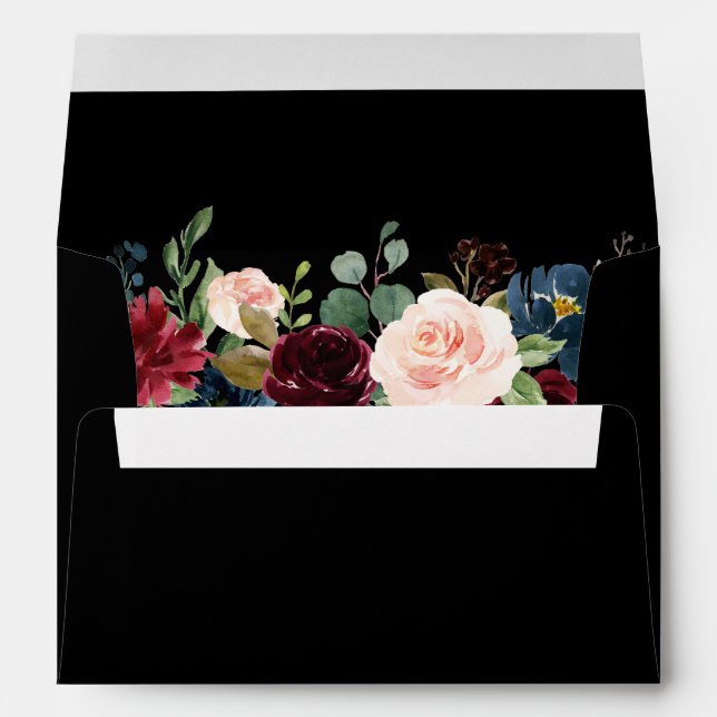 Burgundy Blue Floral Wedding Black Invitation Envelope (Back (Bottom))