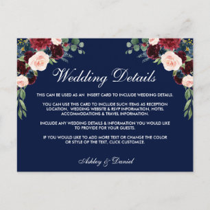 Burgundy Blue Floral Wedding Details Insert Card B