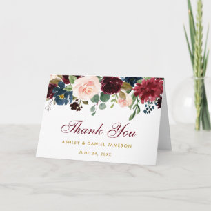 Burgundy Blue Floral Wedding Gold Thanks Fold Card