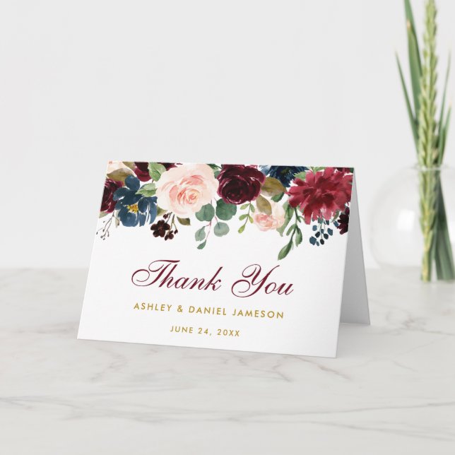 Burgundy Blue Floral Wedding Gold Thanks Fold Card (Front)