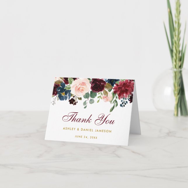 Burgundy Blue Floral Wedding Gold Thanks Note Card (Front)