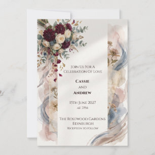 Burgundy Blue Floral Wedding Invitation