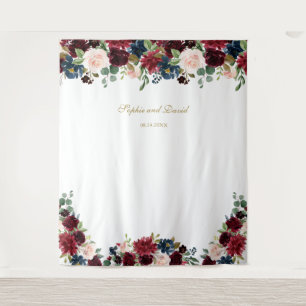 Burgundy Blue Floral Wedding Photo Booth Backdrop Tapestry