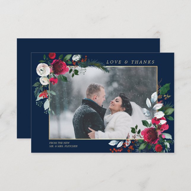 Burgundy Blue Floral Wedding Photo Thank You Card (Front/Back)